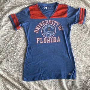 Vintage style UF v-neck tee with Jersey material detail on the front shoulder